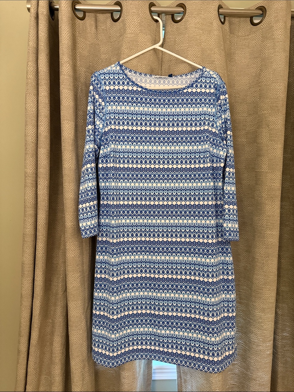 CABANA LIFE Resort Preppy Palm Beach Blue/White  3/4 SLV Shift Dress L